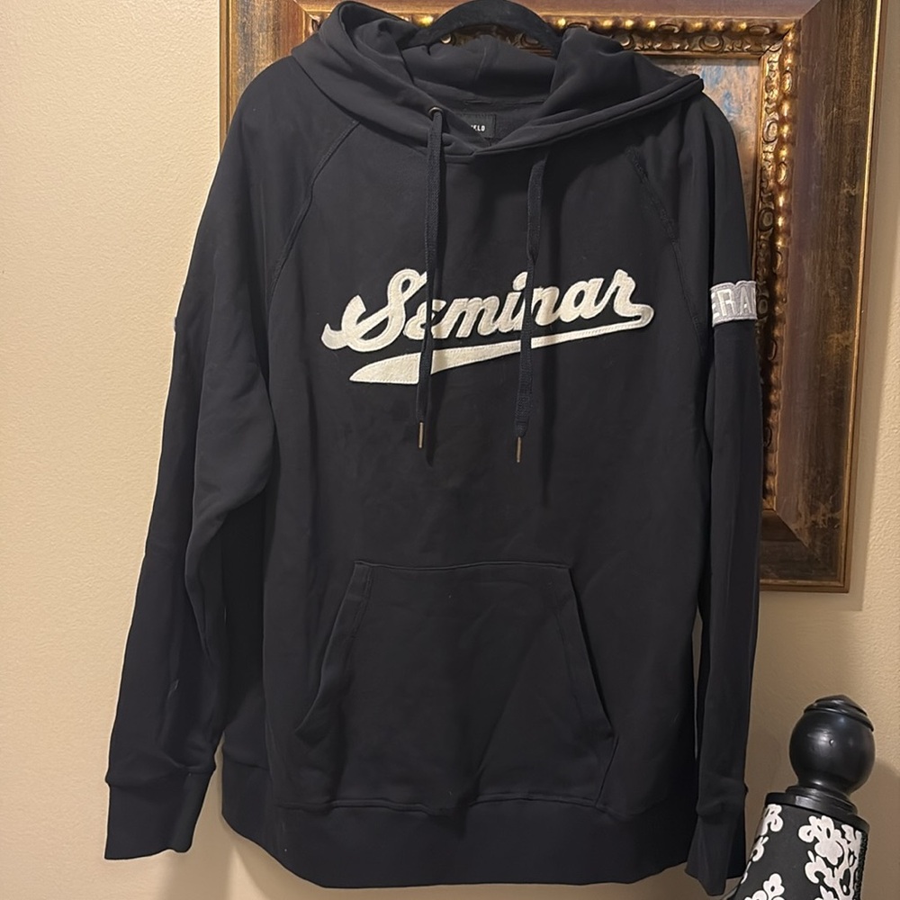 Ebbets Field Flannels Black and White “Seminar” & more appliqués pull tie Hoodie